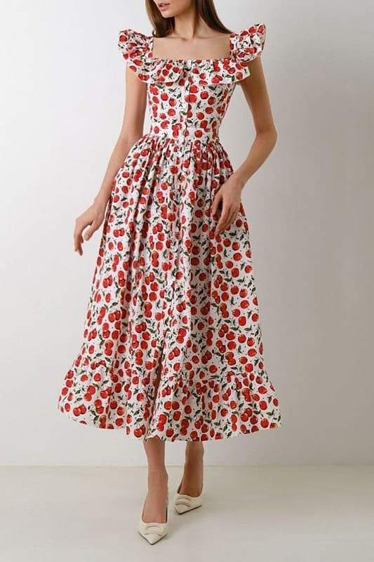 Cecilia™ - Cherry Printed Ruffle Midi Dress