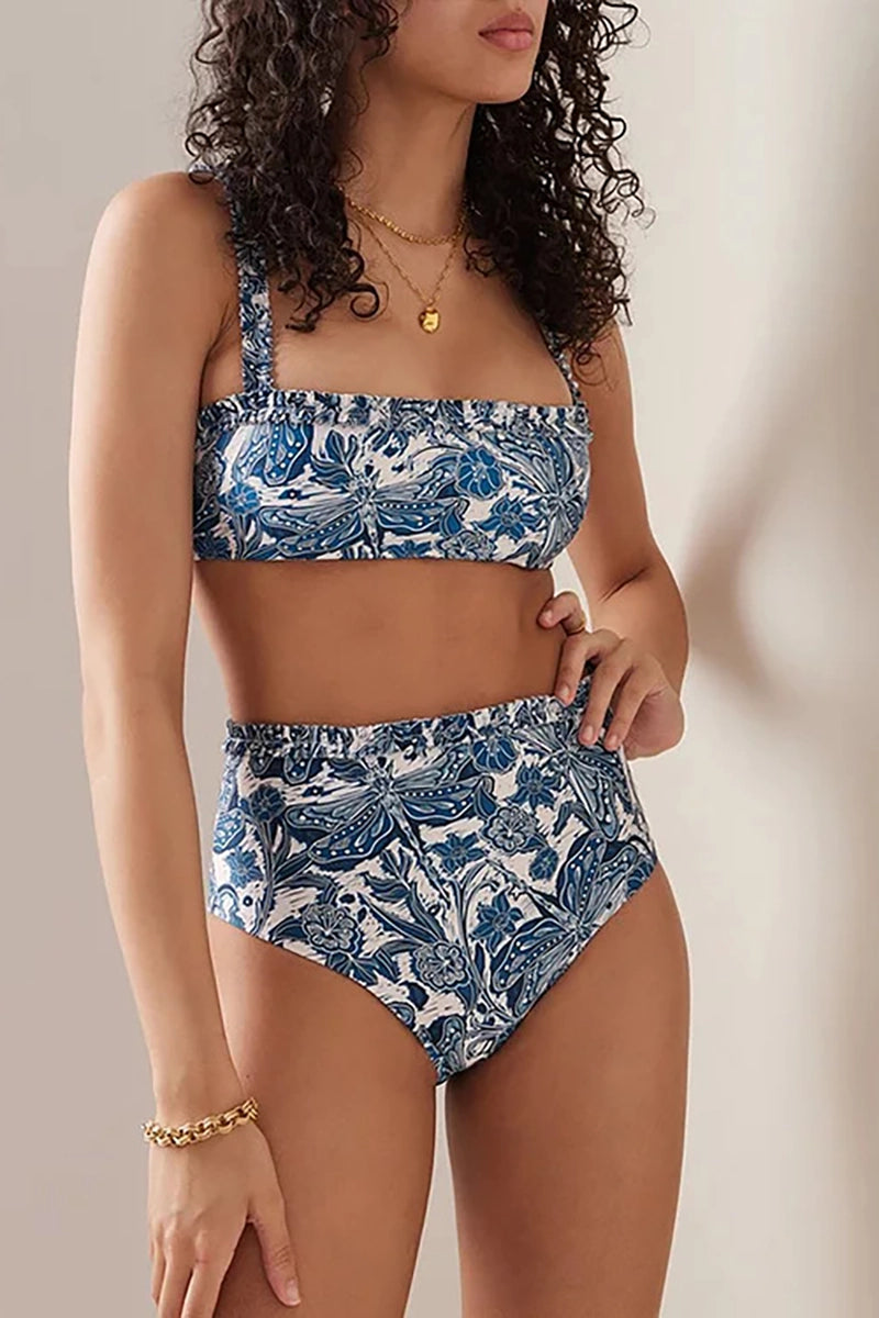 Celeste™ - Blue Dragonfly Print Ruffle Bikini Set
